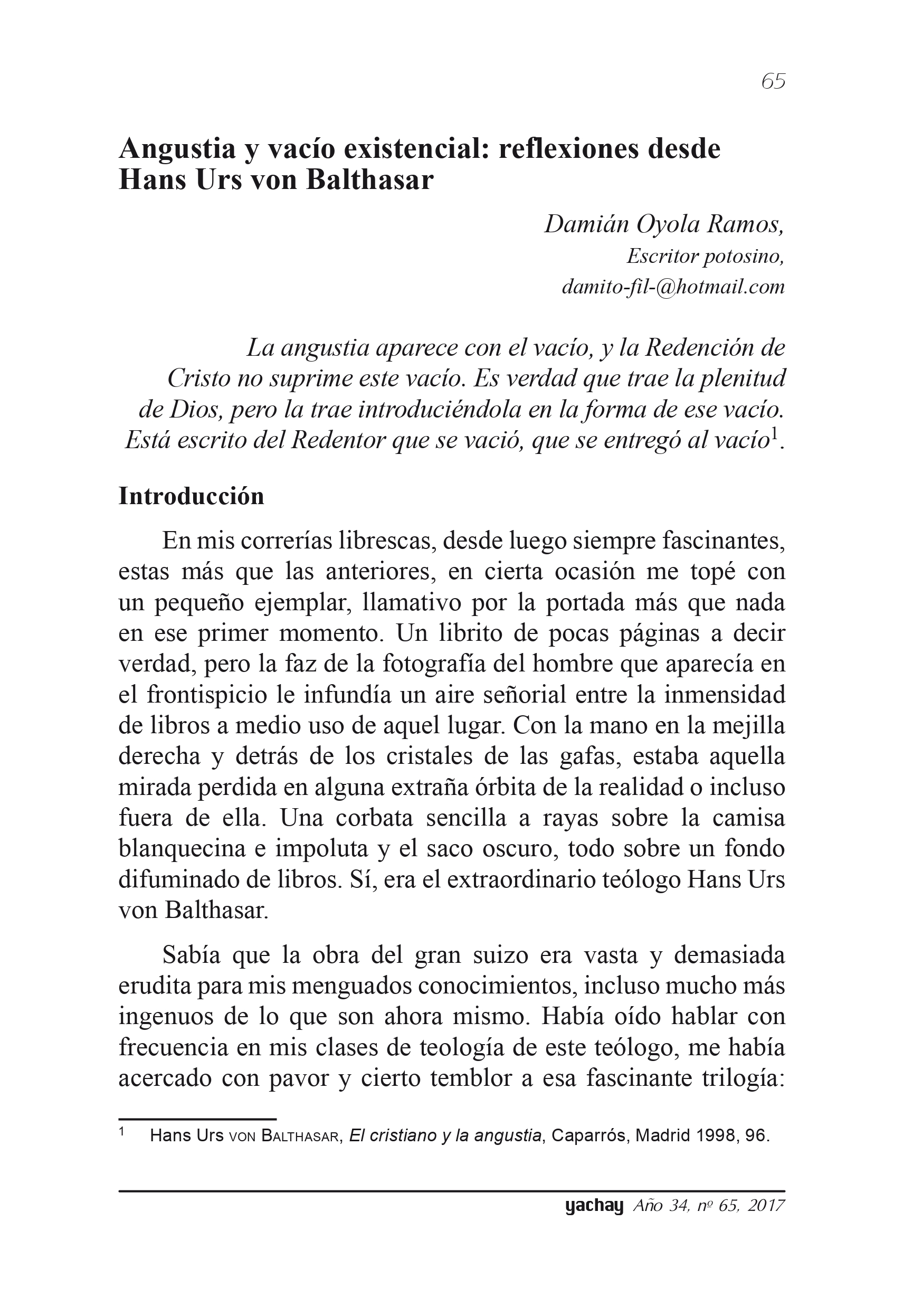 Angustia y vacío existencial: reflexiones desde Hans Urs von Balthasar