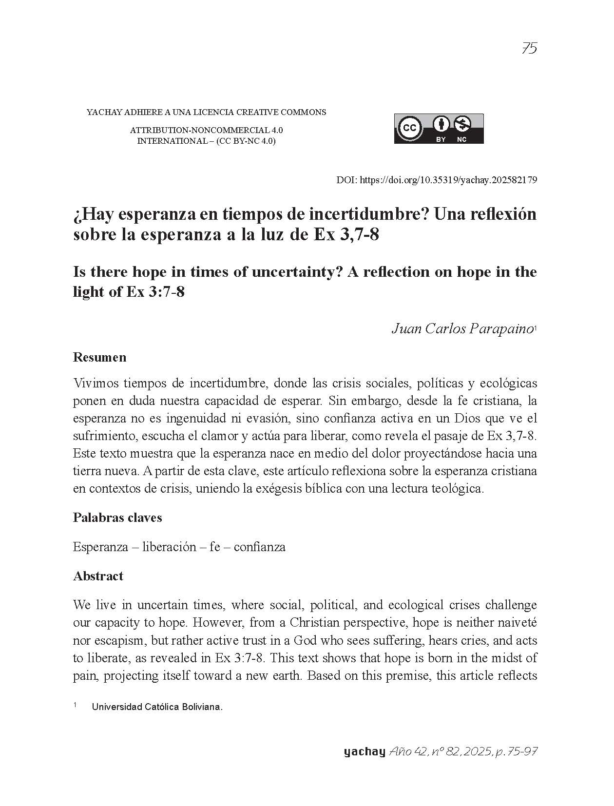 ¿Hay esperanza en tiempos de incertidumbre? Una reflexión sobre la esperanza a la luz de Ex 3,7-8