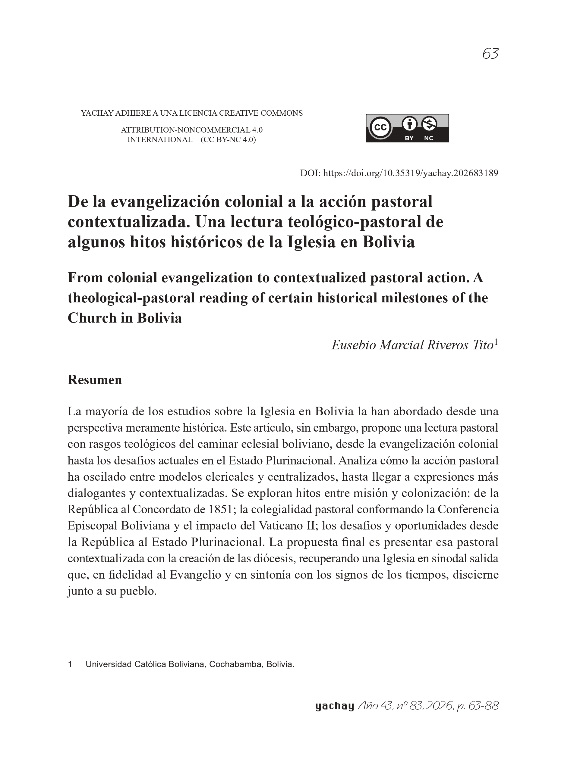 From colonial evangelization to contextualized pastoral action. A theological-pastoral reading of certain historical milestones of the Church in Bolivia