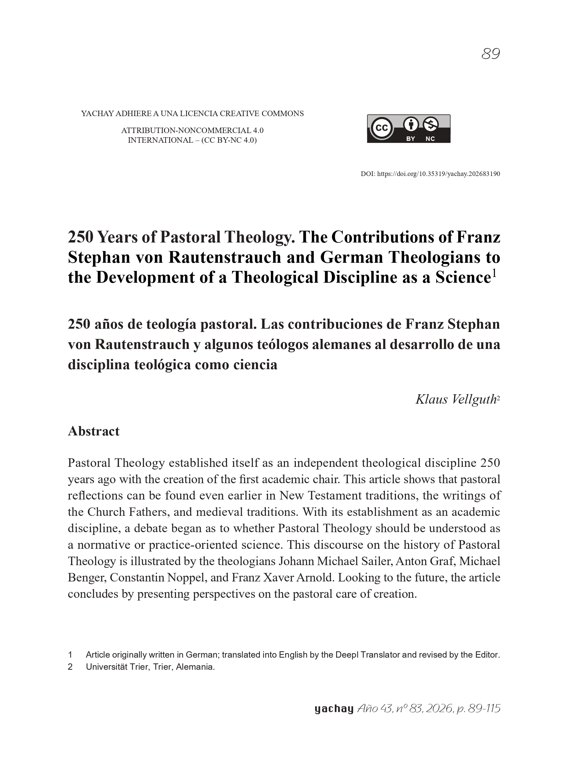 250 Years of Pastoral Theology. The contributions of Franz Stephan von Rautenstrauch